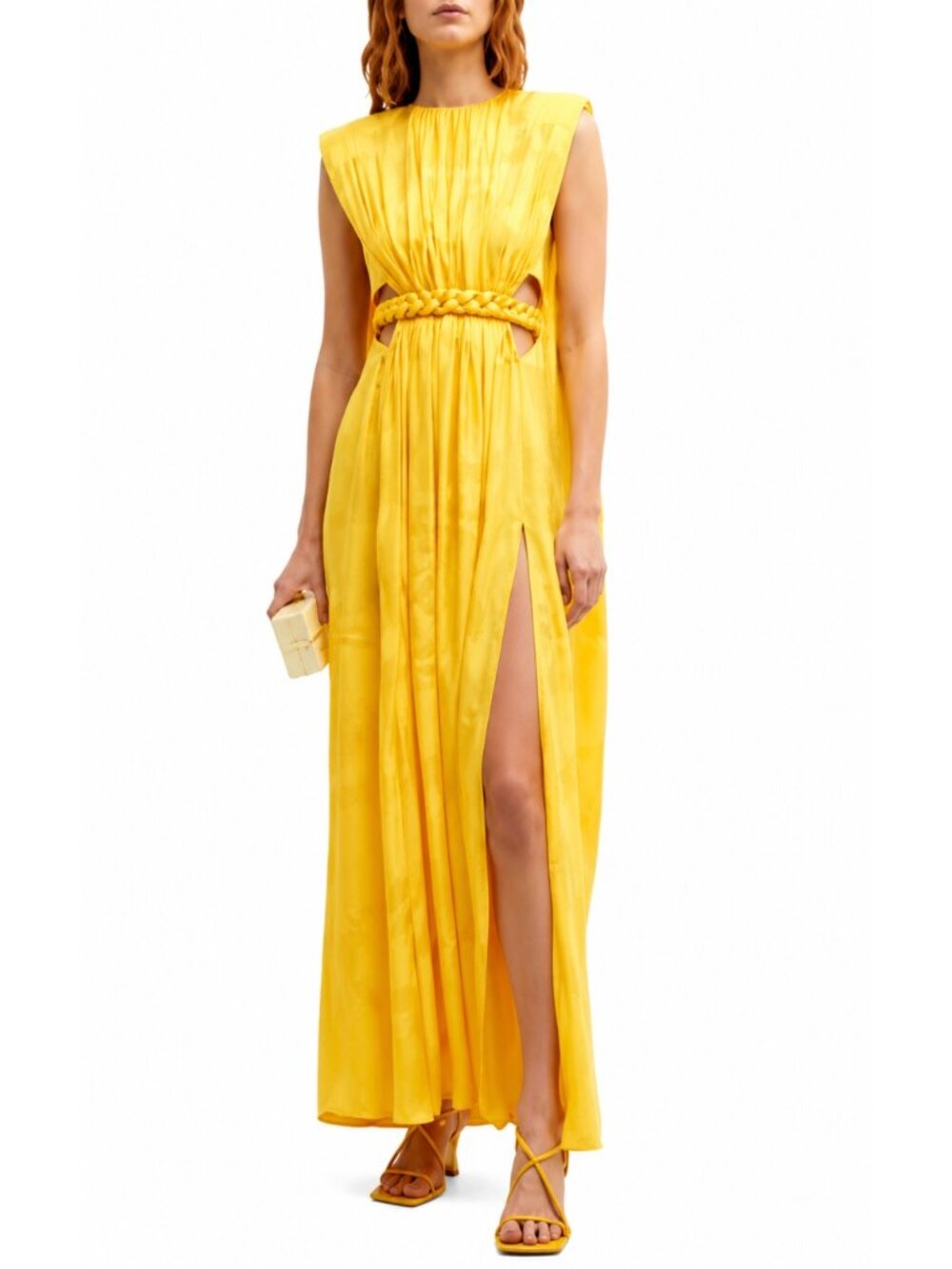 Stella McCartney Falabella Chain Pleat Front Satin Maxi Dress Yellow IT 40